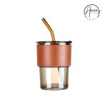 Glass Tumbler with Straw, Lid & Leather Sleeve