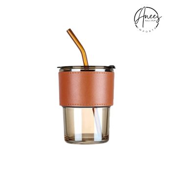 Glass Tumbler with Straw, Lid & Leather Sleeve